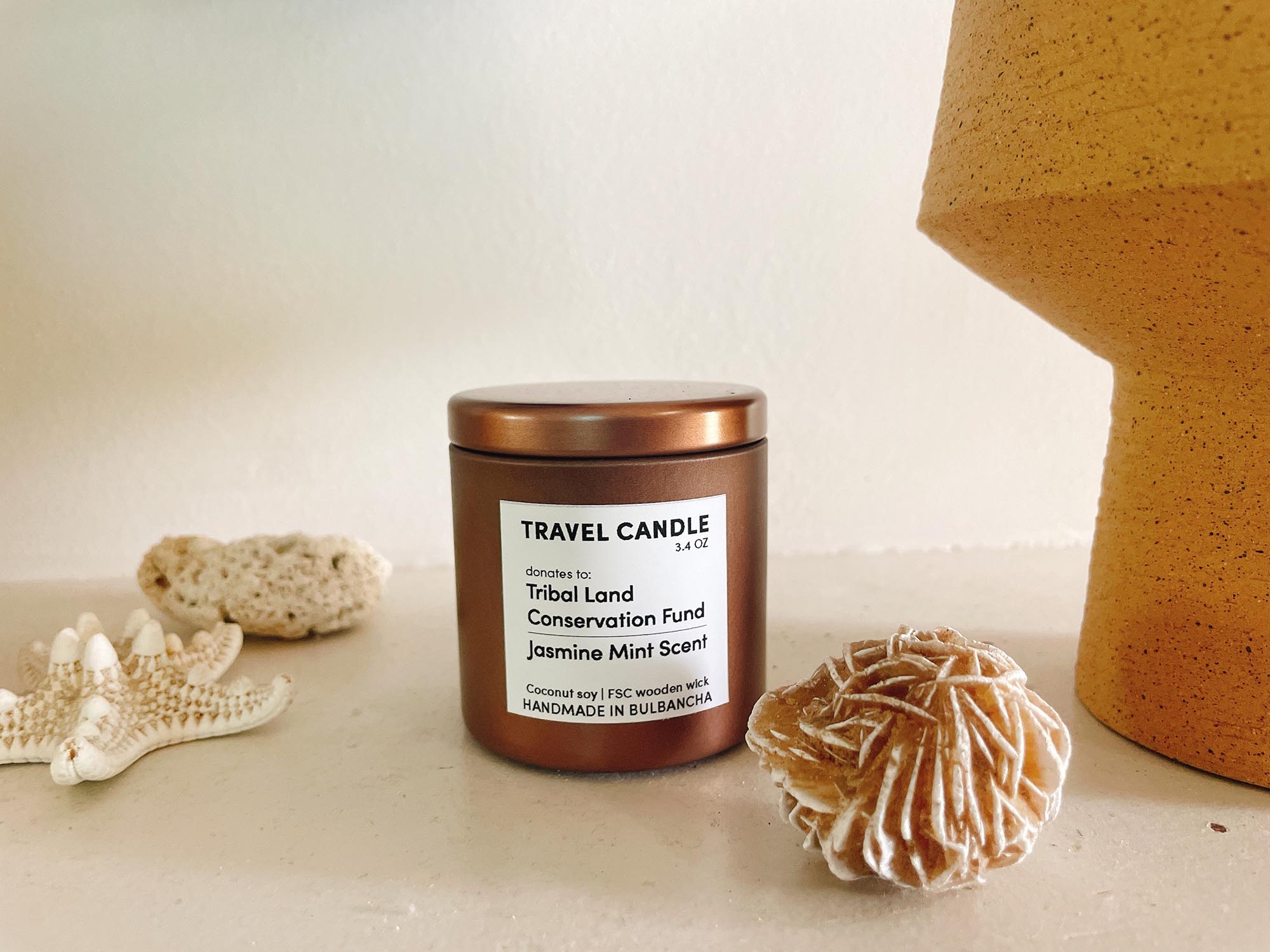 Travel Candle, donates to Tribal Land Conservation Fund / Jasmine Mint Scent