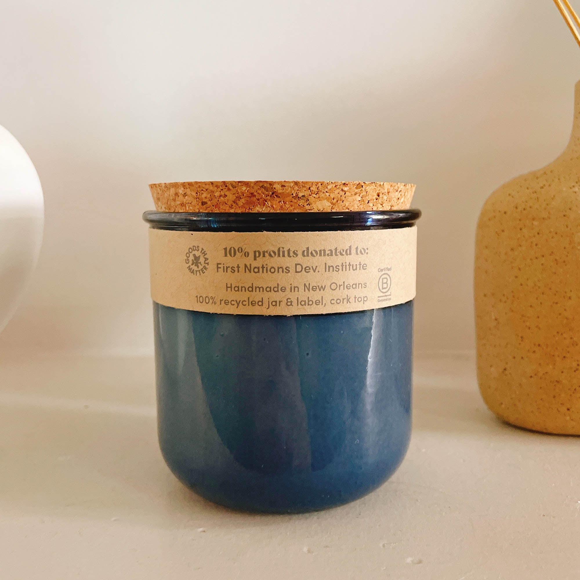 Saffron + Tobacco, Gives to First Nations Development Institute - Cork Top & Blue Recycled Glass Jar