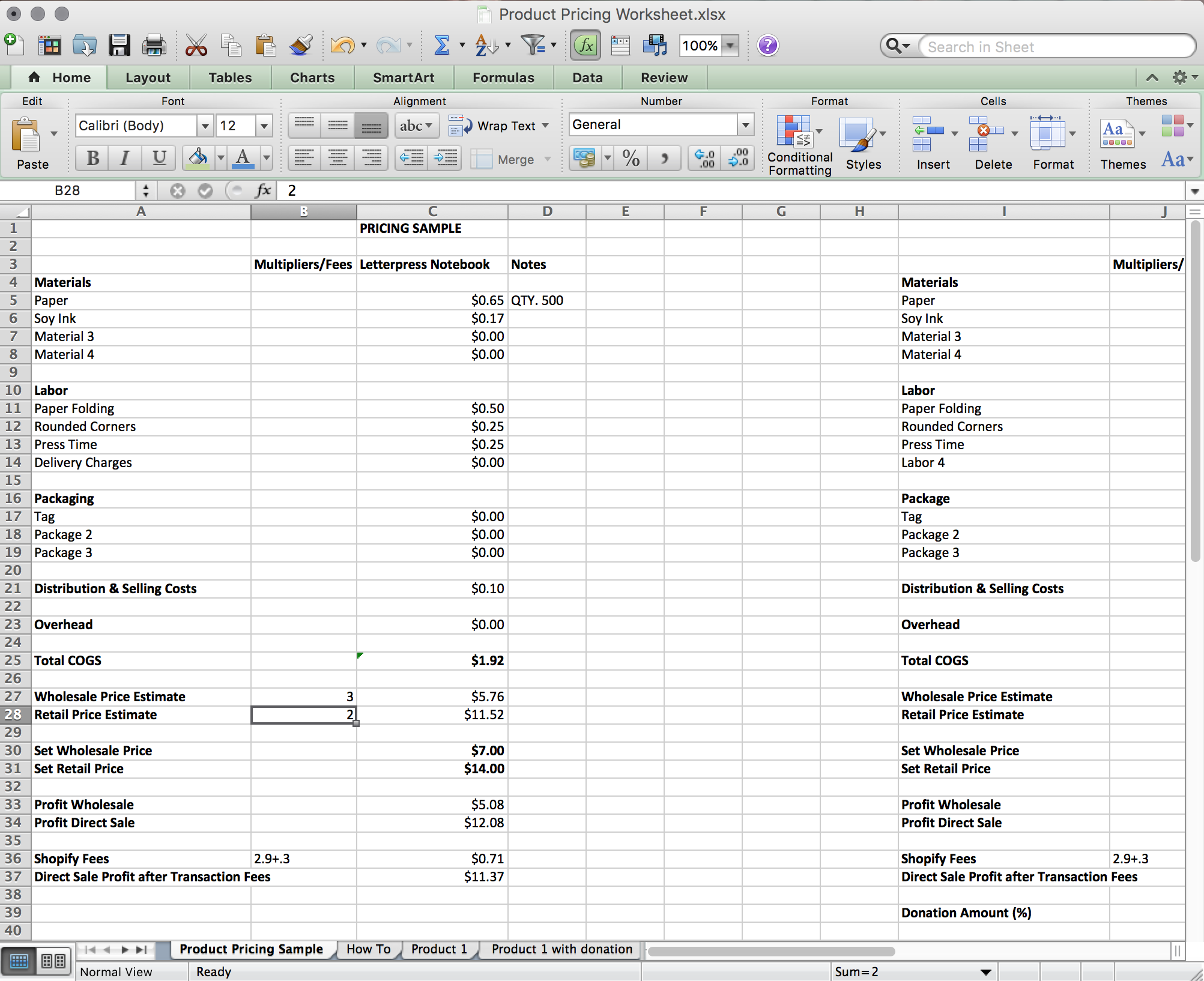 Product Pricing Worksheet