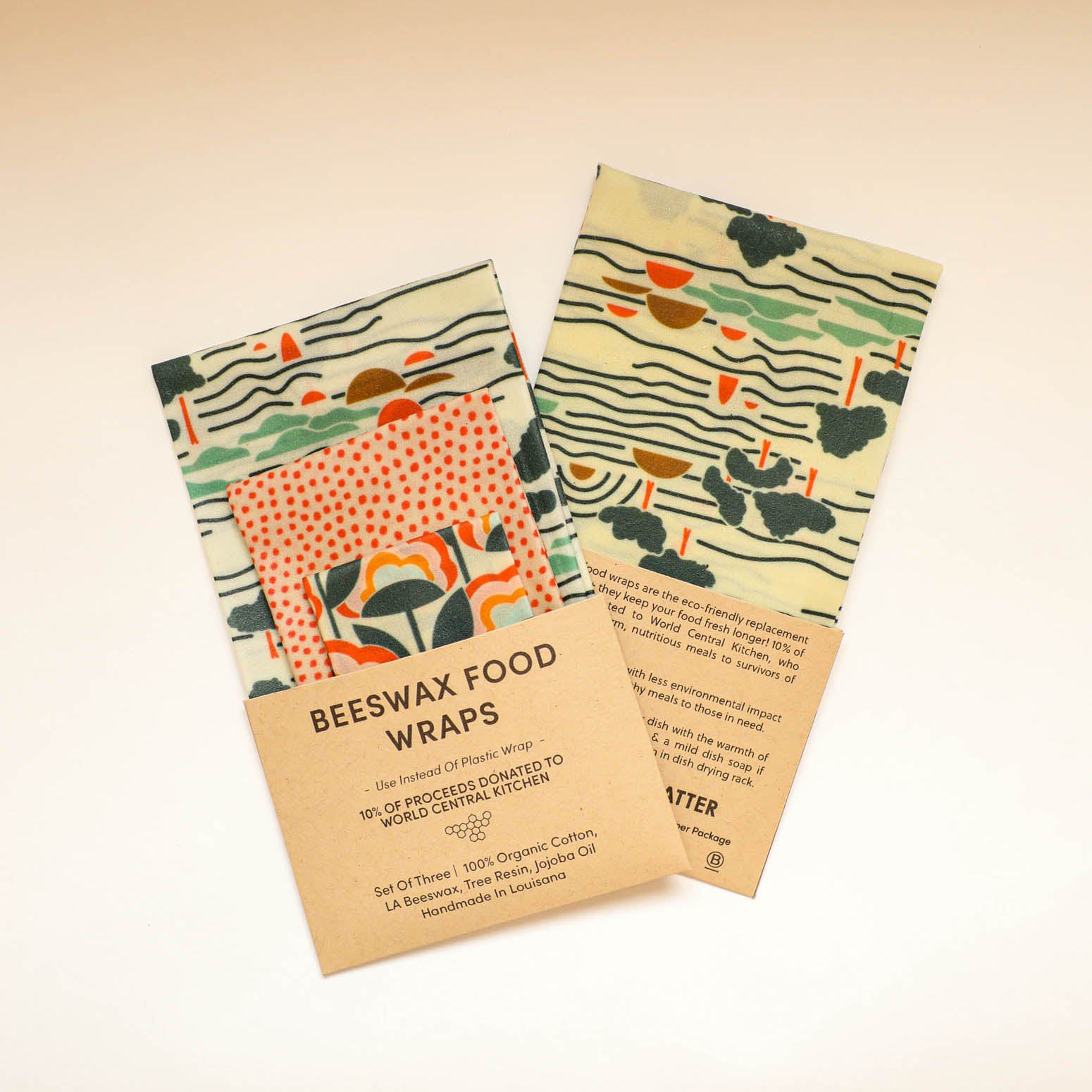 Beeswax Food Wraps - Let's Get Outside Set, Organic Cotton, gives to World Central Kitchen