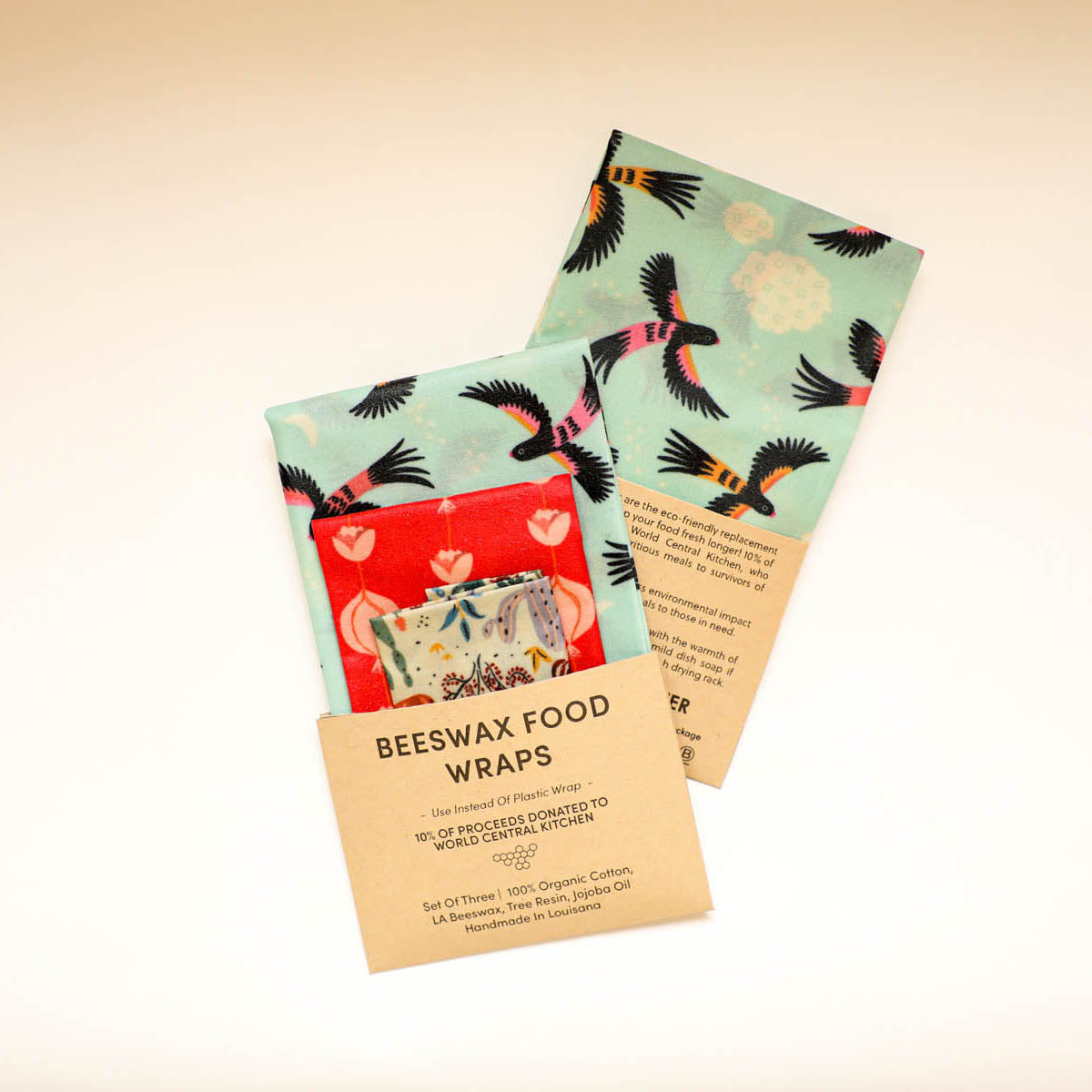 Beeswax Food Wraps - Songbirds & Cacti, Oh My Set, Organic Cotton, gives to World Central Kitchen