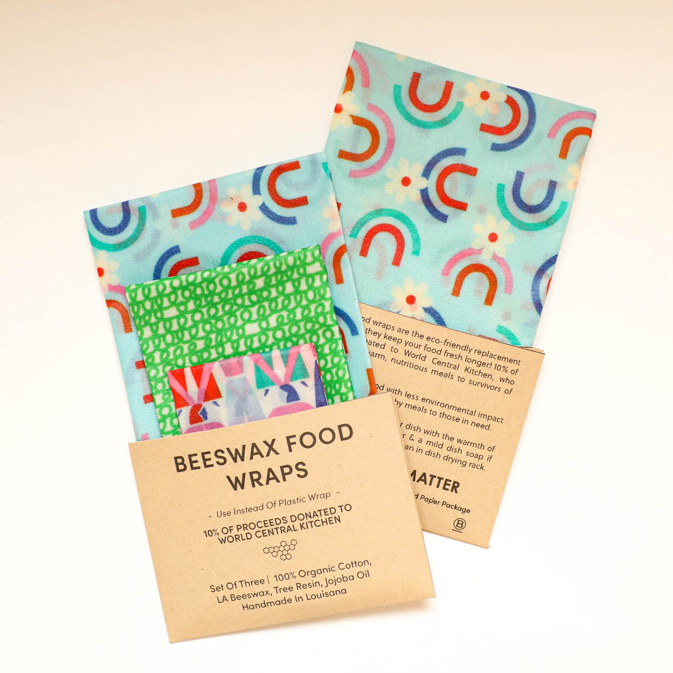 Beeswax Food Wraps - Let's Link Arms Set, Organic Cotton, gives to World Central Kitchen