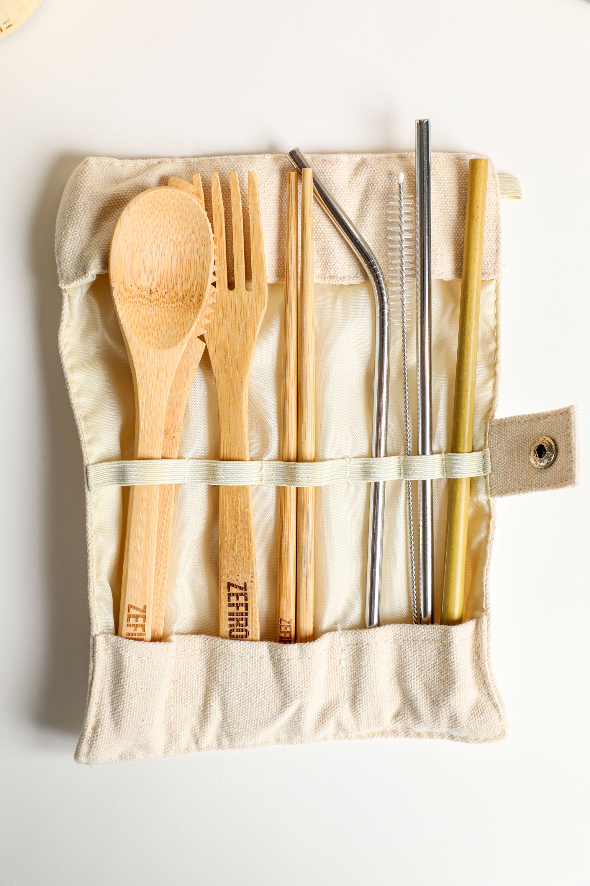 Reusable Cutlery Set - Silverware, Shopsticks, & Straw in a canvas carrying case