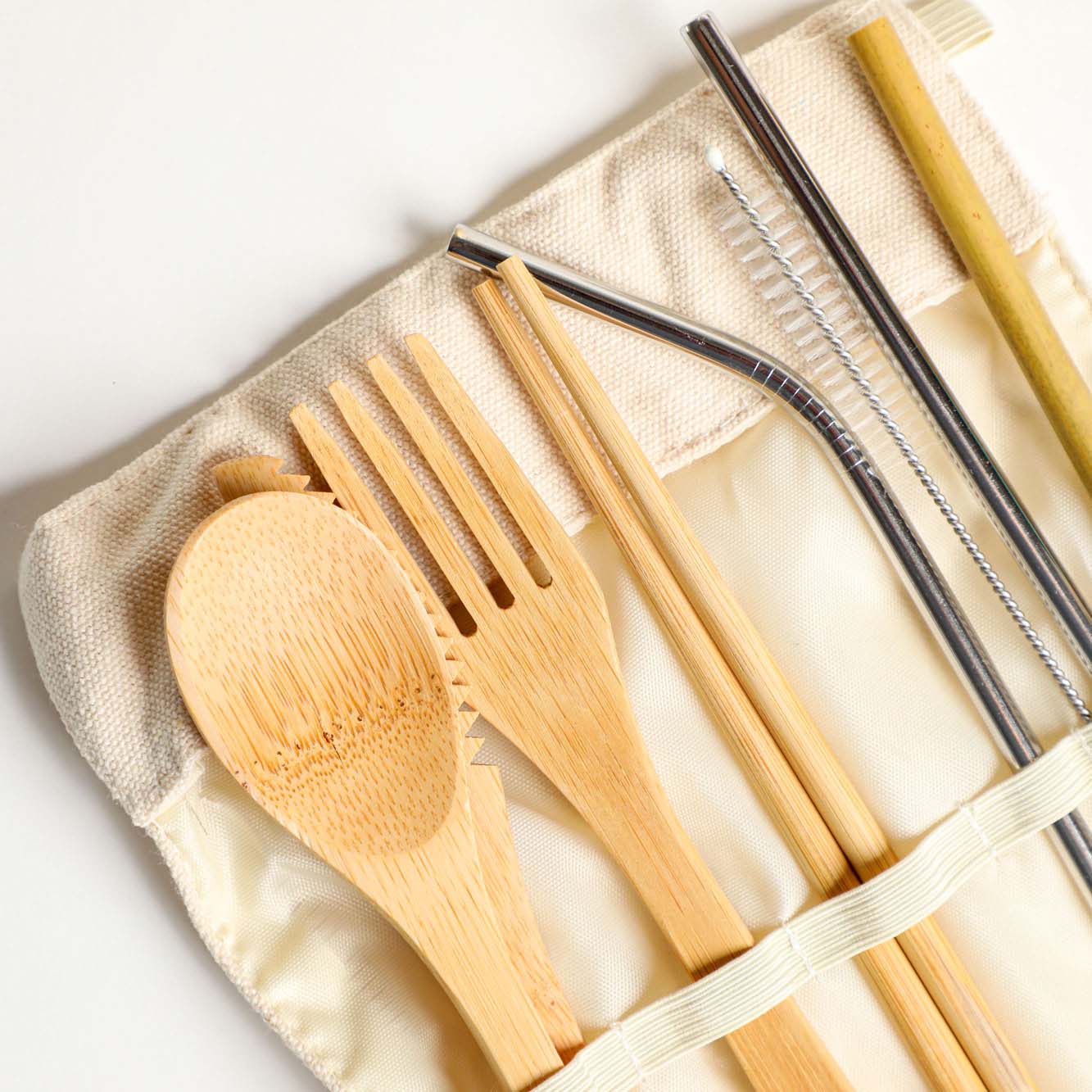 Reusable Cutlery Set - Silverware, Shopsticks, & Straw in a canvas carrying case