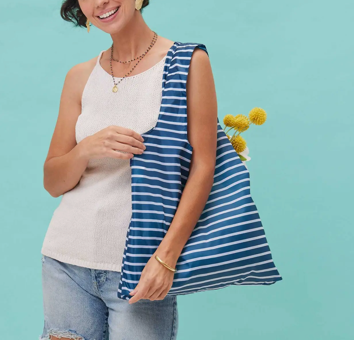 Reusable Shopping Bag - 19x24" Pocket Tote, Blue & White Stripe Design